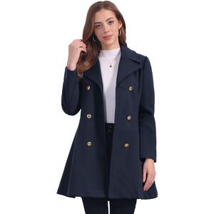 Winter Long Coat Lapel Collar Double Breast Coats Dark Blue